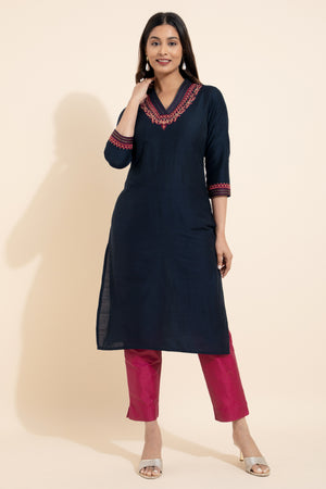 Floral Embroidered Kurta - Navy Blue