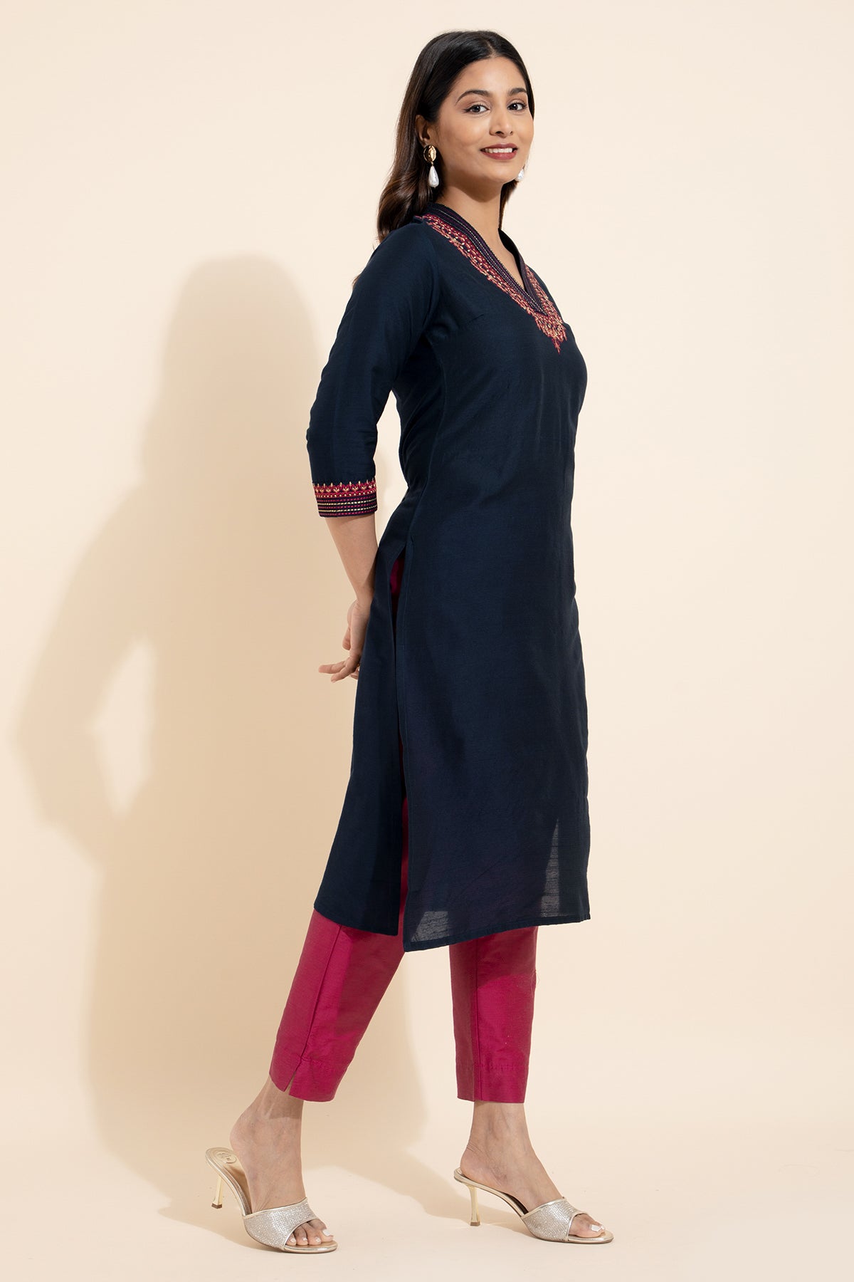 Floral Embroidered Kurta - Navy Blue