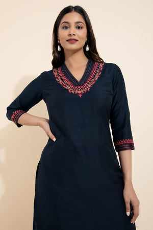 Floral Embroidered Kurta - Navy Blue