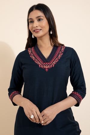 Floral Embroidered Kurta - Navy Blue