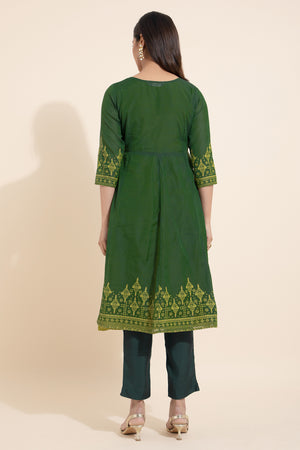 Floral Printed Kurta with Overcoat & Tie-up - Green