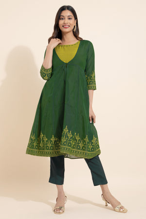 Floral Printed Kurta with Overcoat & Tie-up - Green