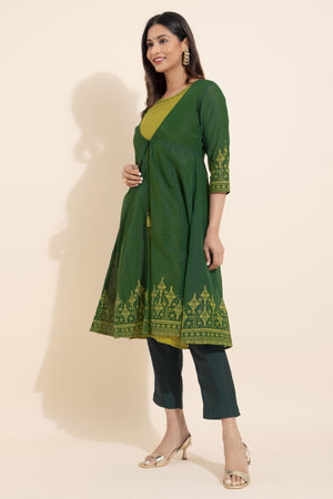 Floral Printed Kurta with Overcoat & Tie-up - Green