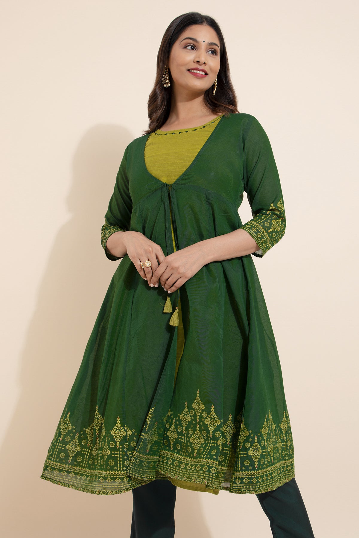 Floral Printed Kurta with Overcoat & Tie-up - Green