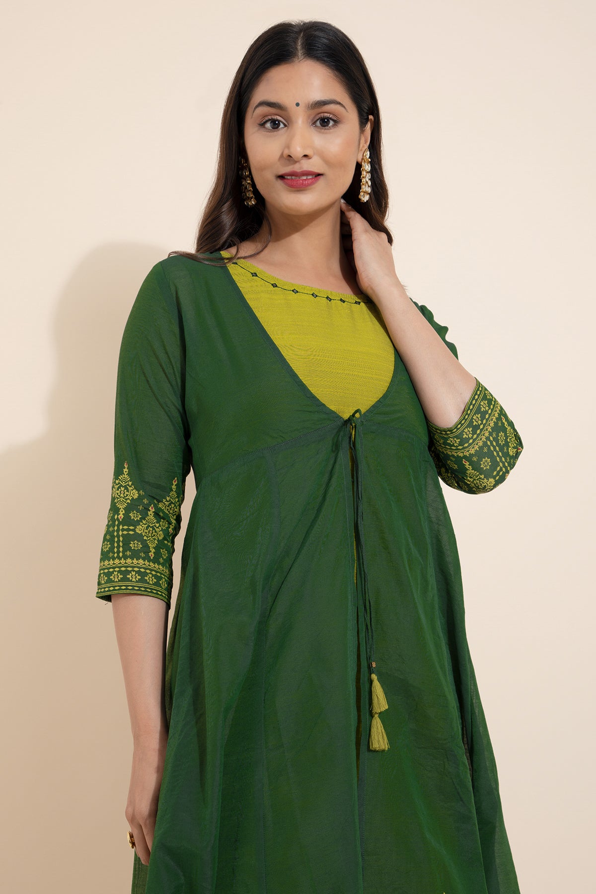 Floral Printed Kurta with Overcoat & Tie-up - Green