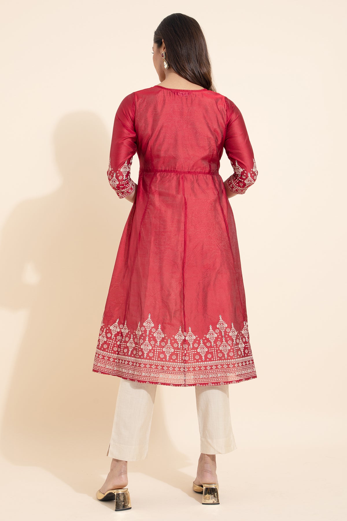 Floral Printed Kurta with Overcoat & Tie-up - Off-White & Red