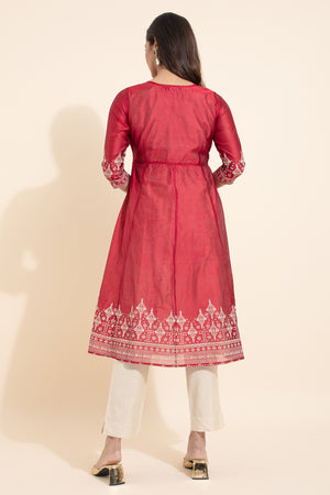 Floral Printed Kurta with Overcoat & Tie-up - Off-White & Red