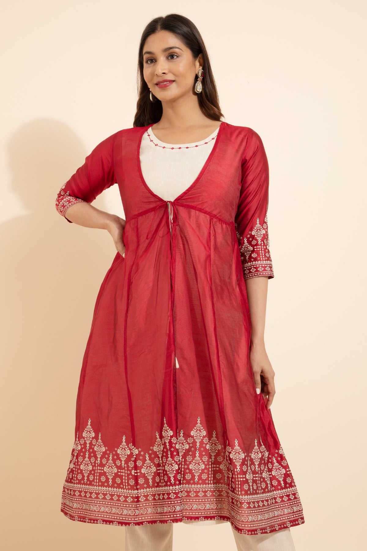 Floral Printed Kurta with Overcoat & Tie-up - Off-White & Red