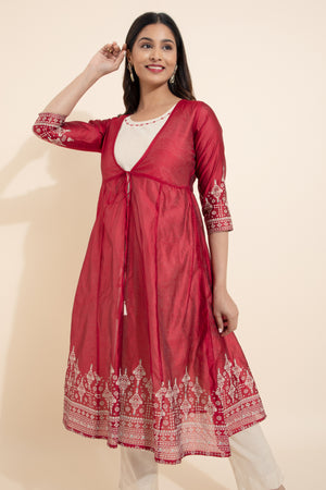 Floral Printed Kurta with Overcoat & Tie-up - Off-White & Red