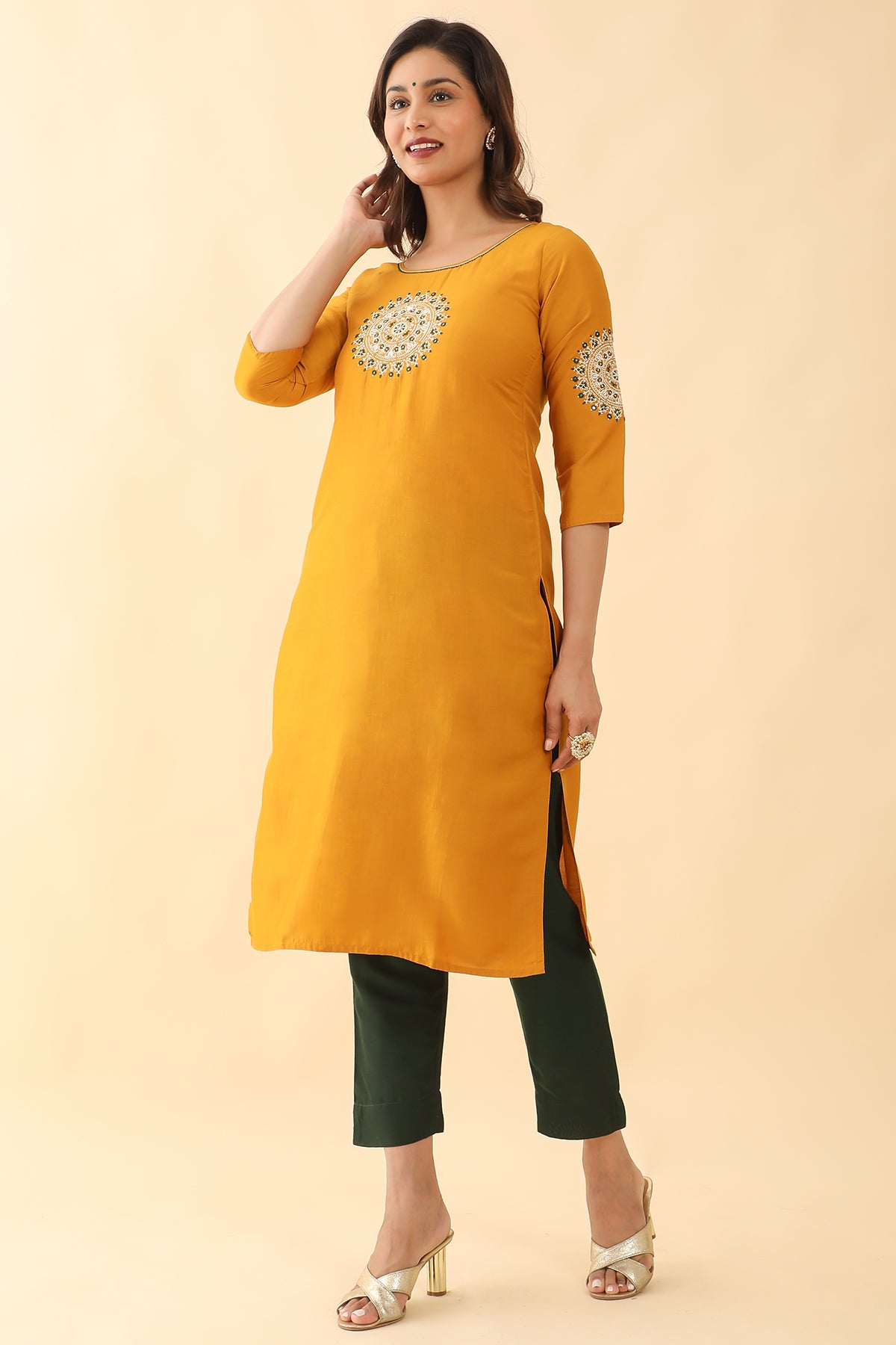 Mandala Motif Embroidered Kurta Mustard