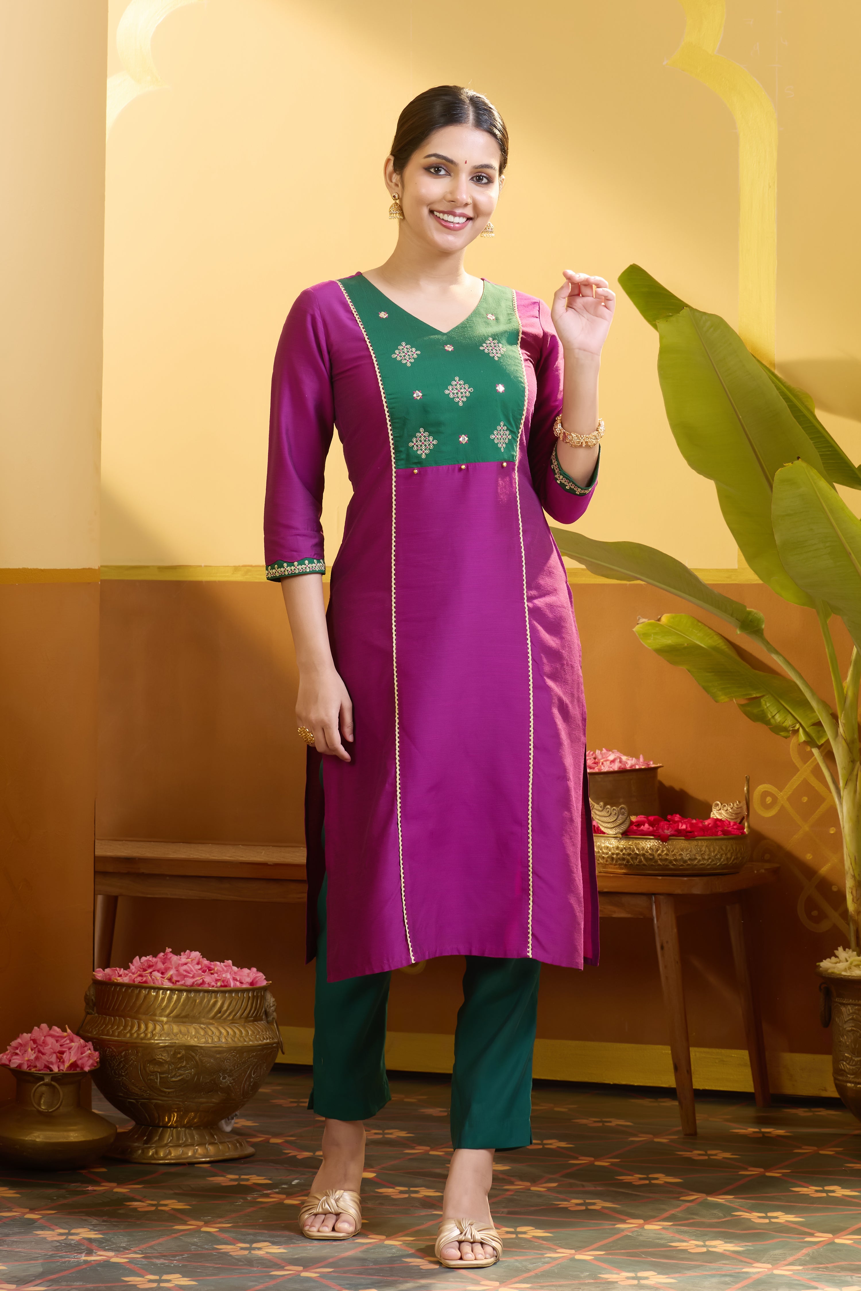 Kolam Embroidered Magenta Colorblock Kurta