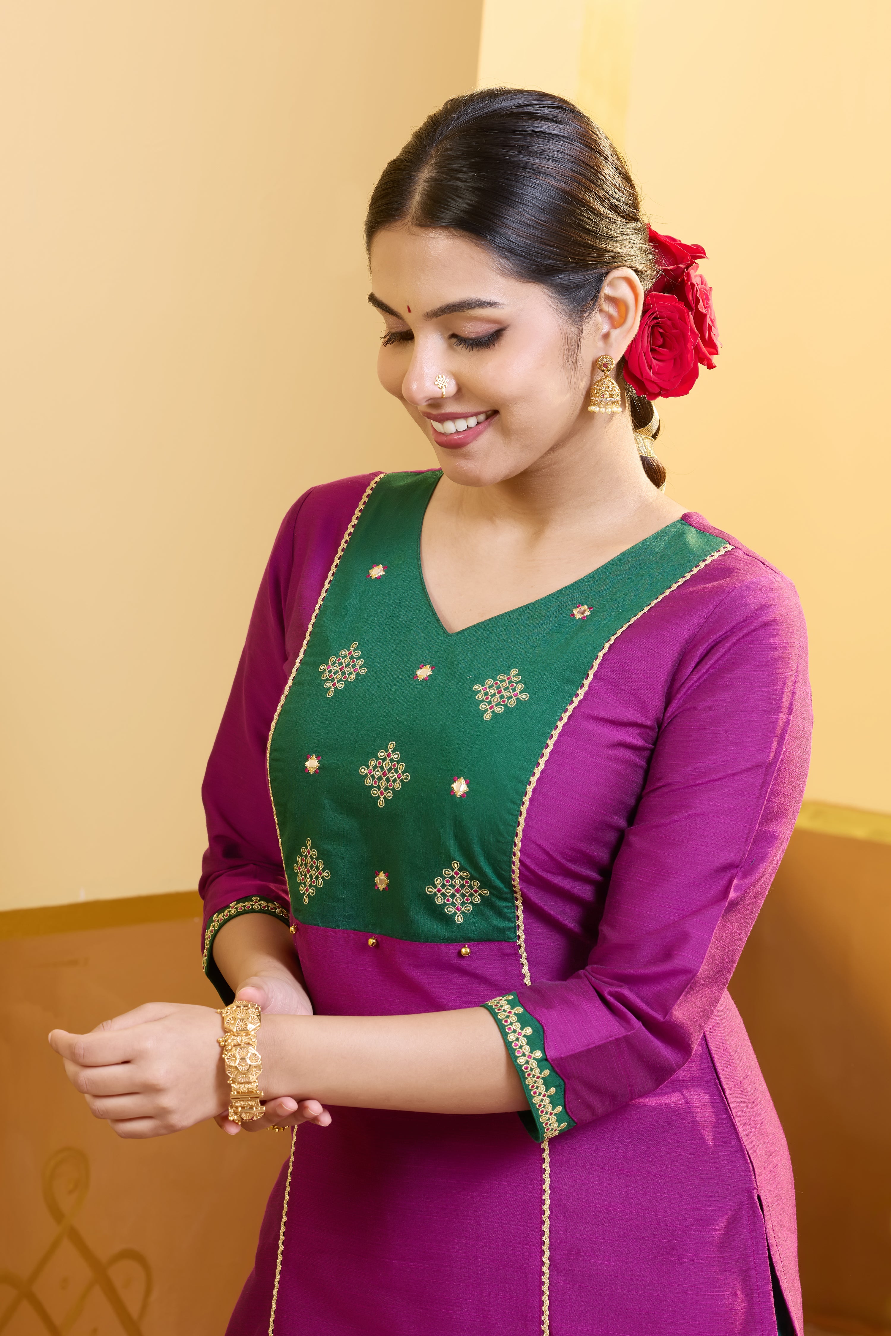 Kolam Embroidered Magenta Colorblock Kurta
