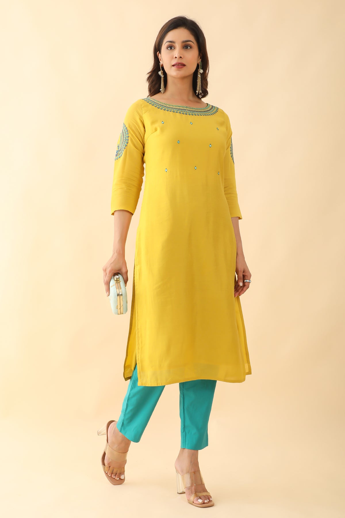 Geometric Motif Embroidery With Foil Mirror Butta Embellished Kurta Yellow