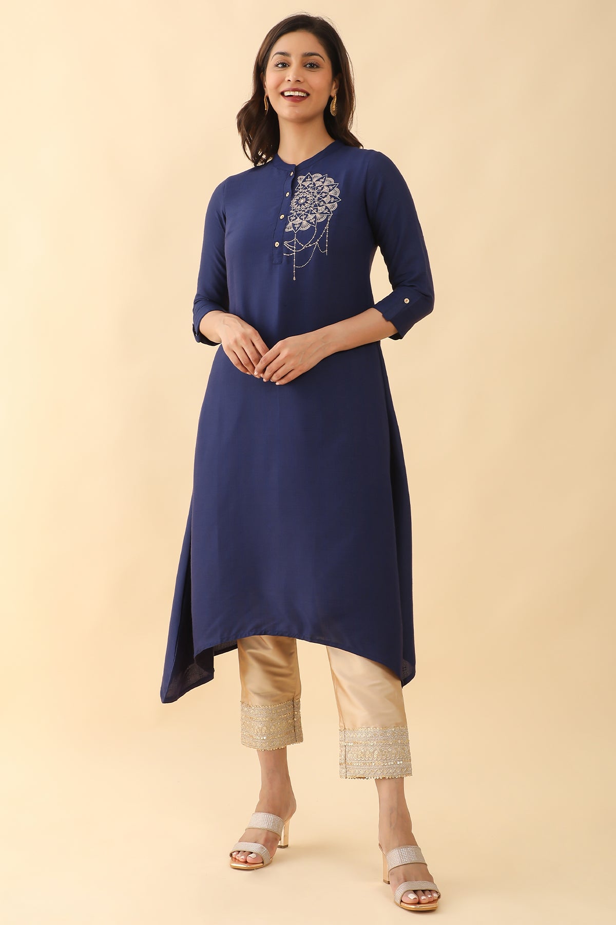 Contemporary Mandala Embroidered Asymmetrical Kurta Blue