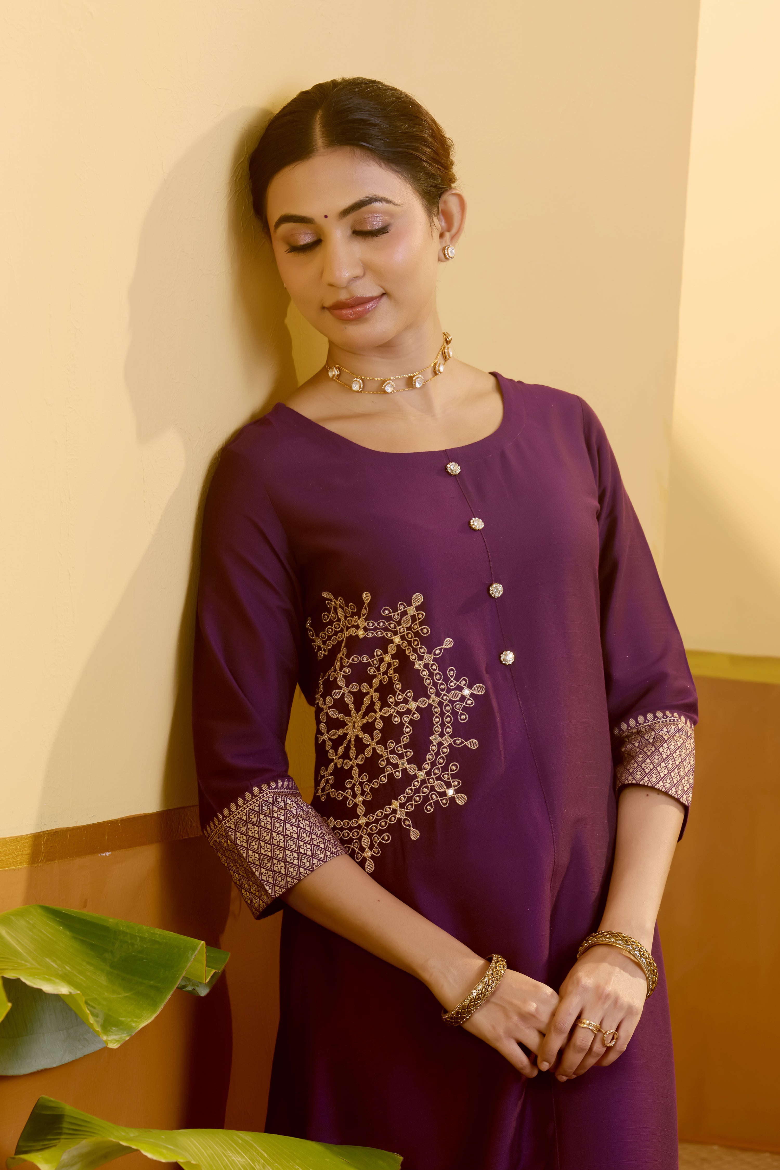 Kolam Placement Embroidered Purple Kurta