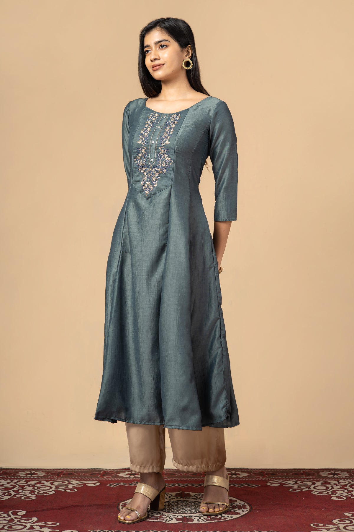 Floral Motif Embroidered A Line Kurta Grey