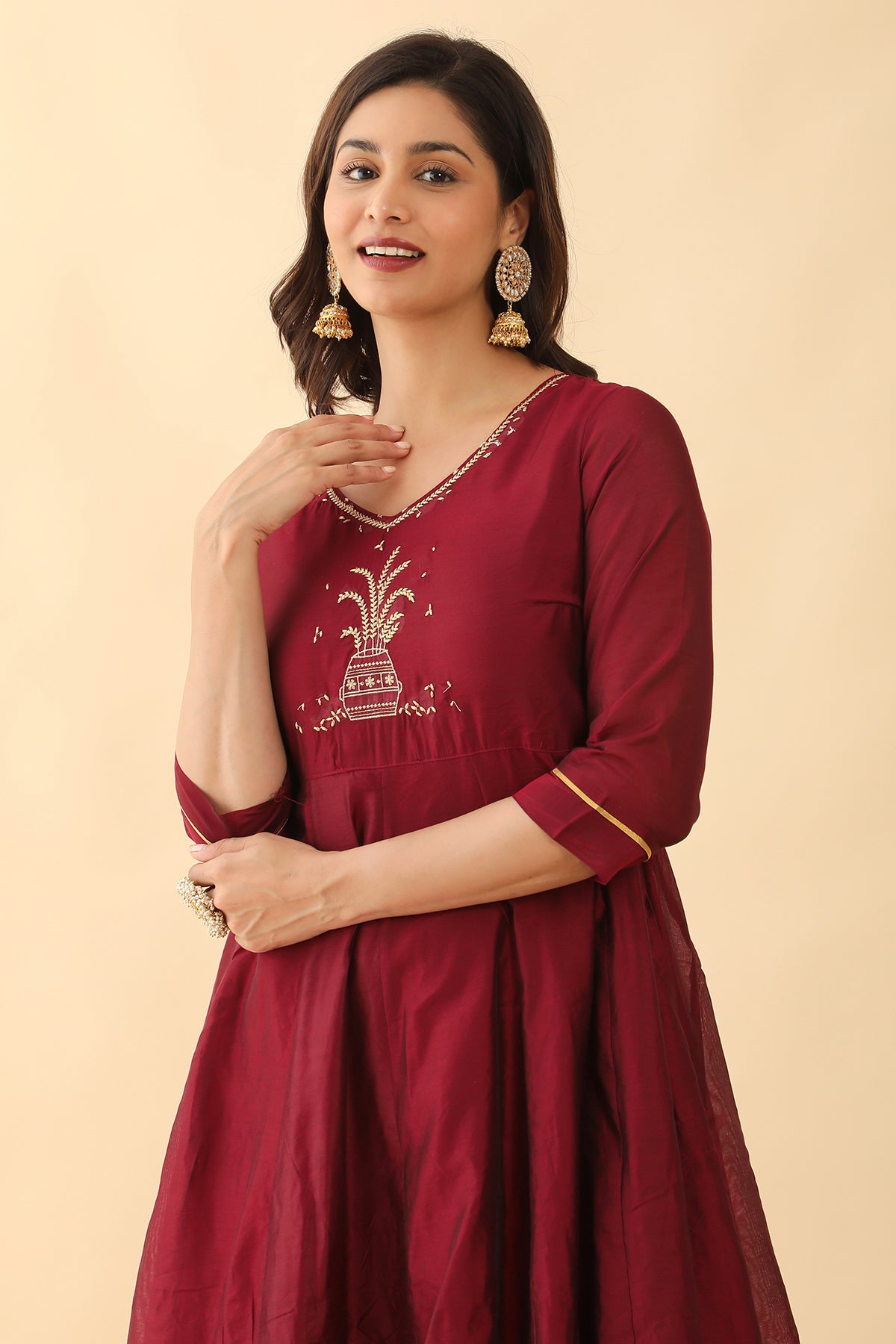 Nellunirapara Motif Embroidered Printed A Line Kurta Maroon