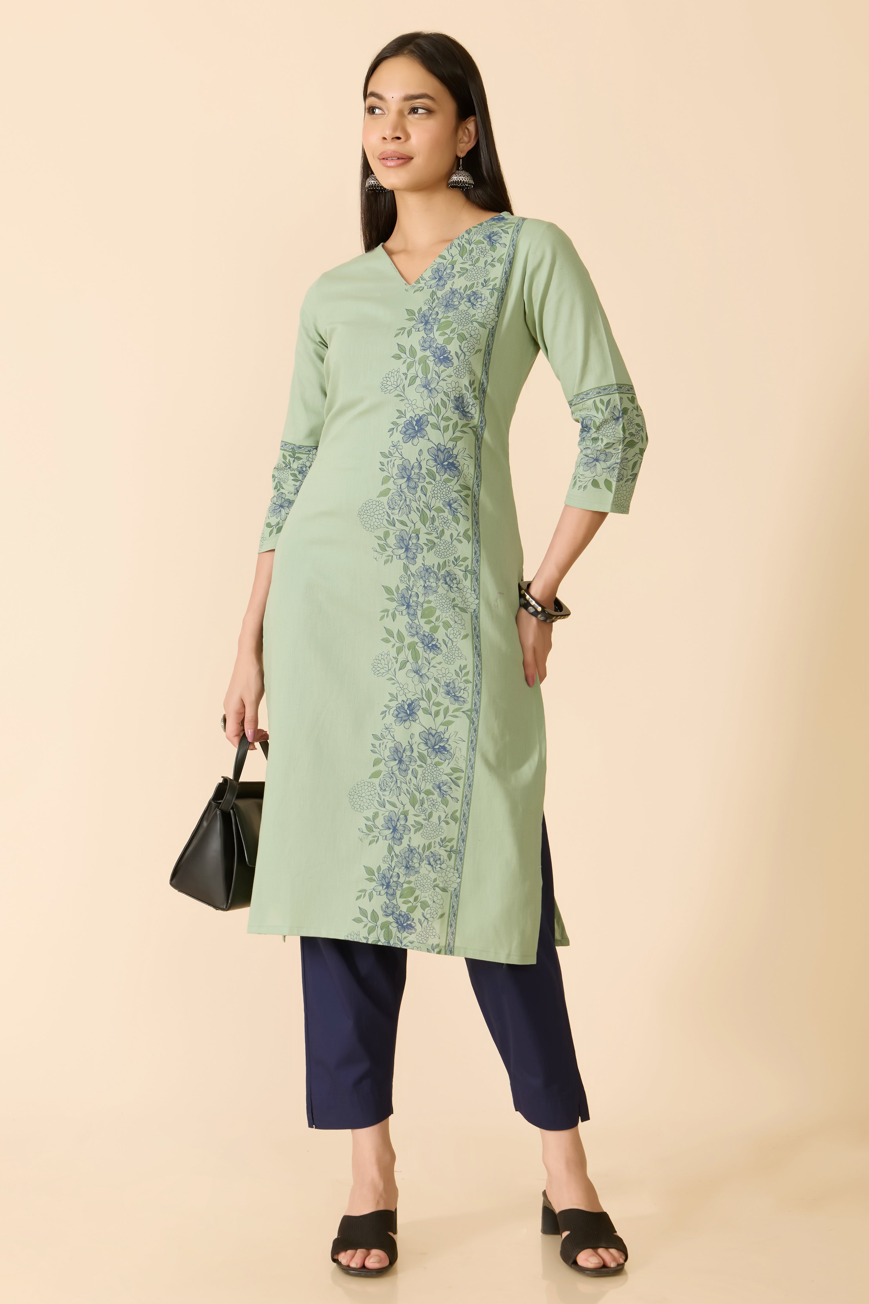 GREEN FLORAL PRINTED COTTON KURTA
