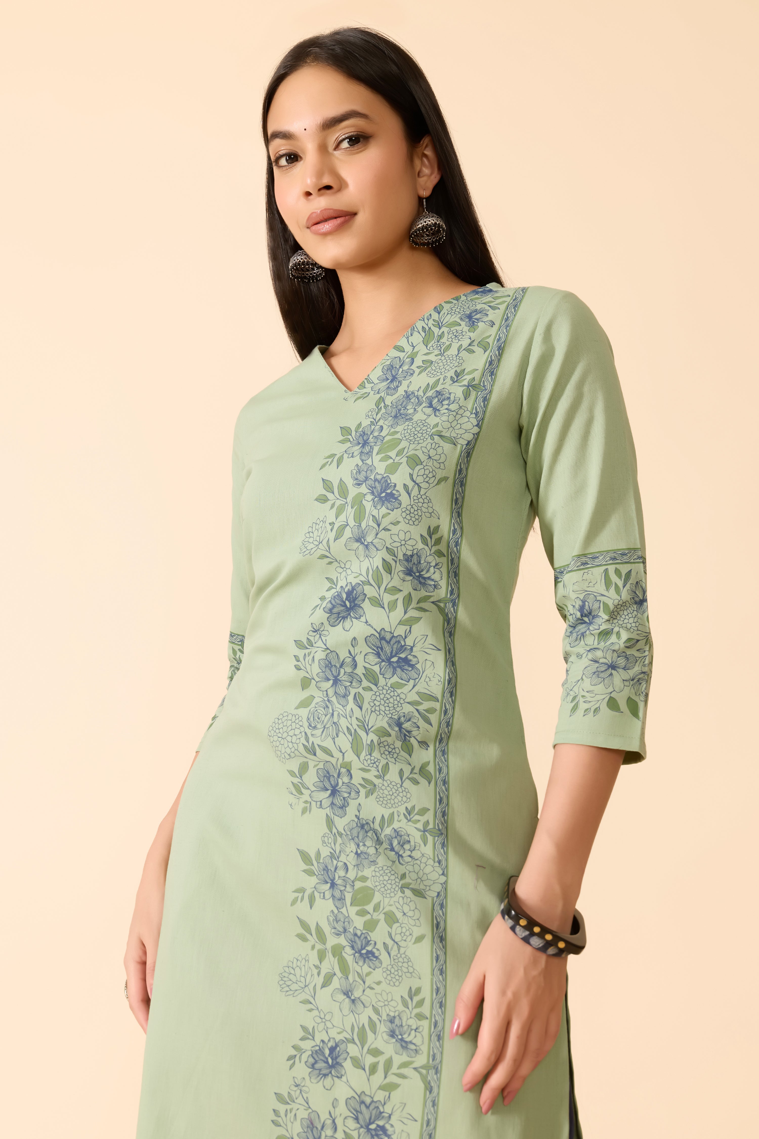 GREEN FLORAL PRINTED COTTON KURTA