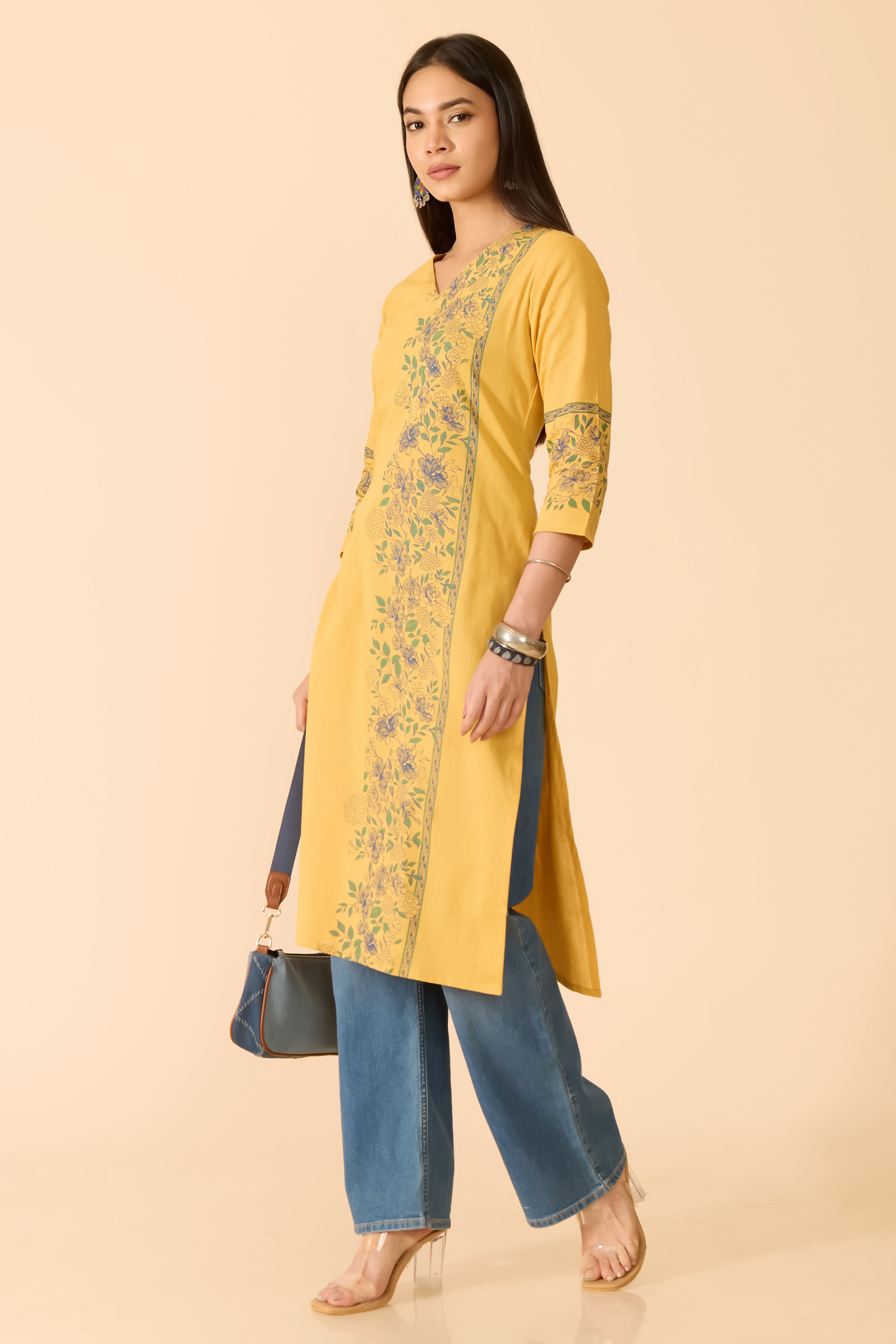 MUSTARD FLORAL PRINTED COTTON KURTA