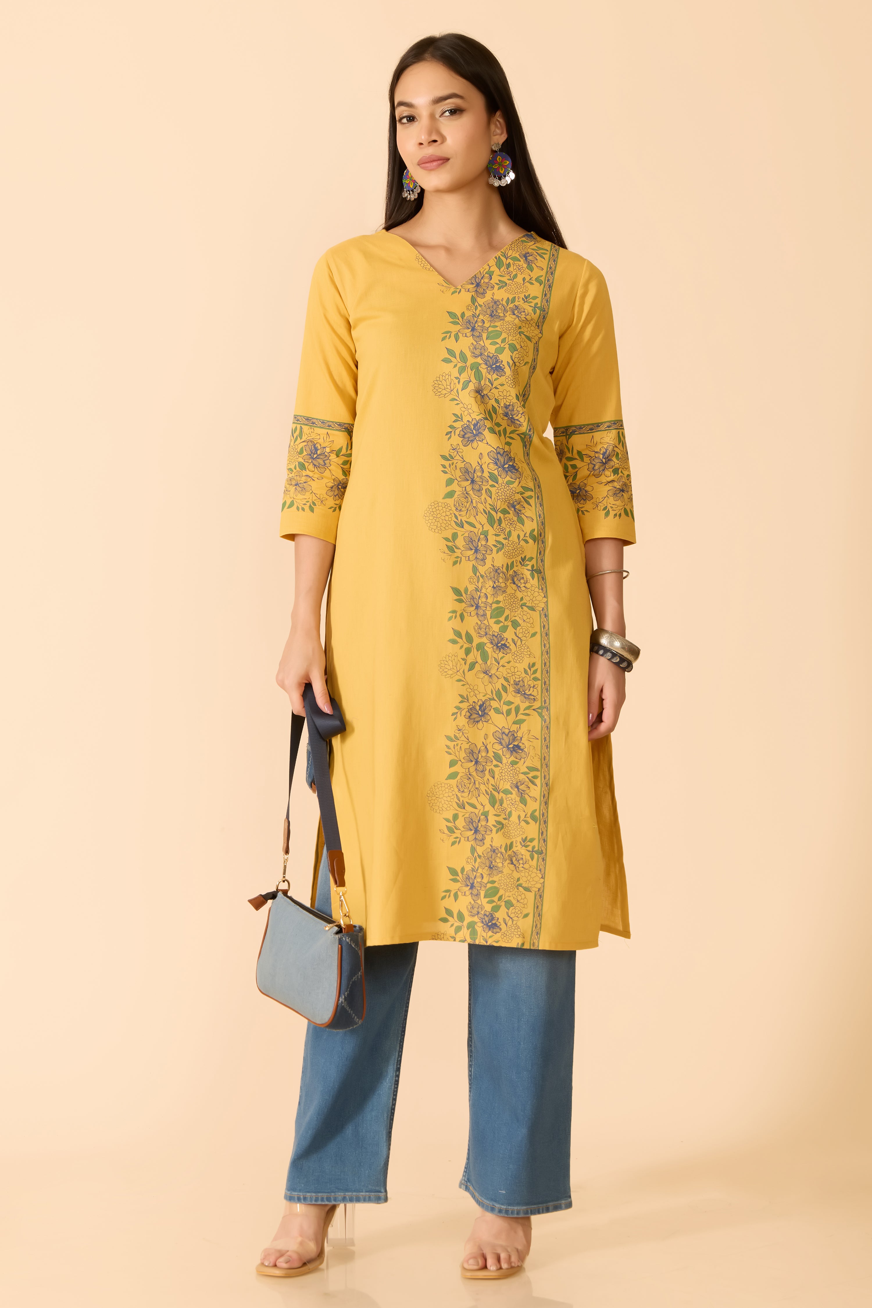 MUSTARD FLORAL PRINTED COTTON KURTA
