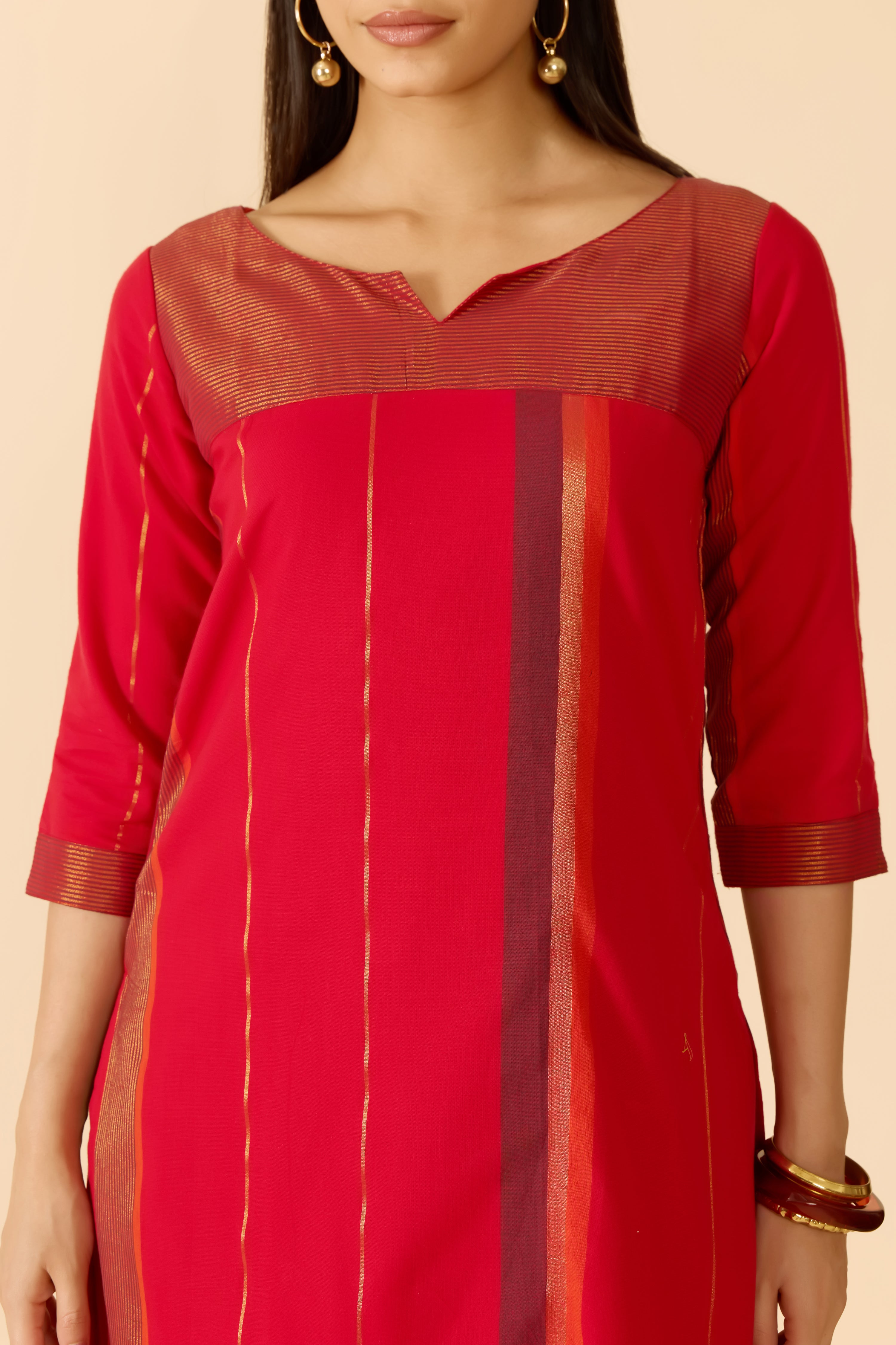 RED STRIPED STRAIGHT COTTON KURTA