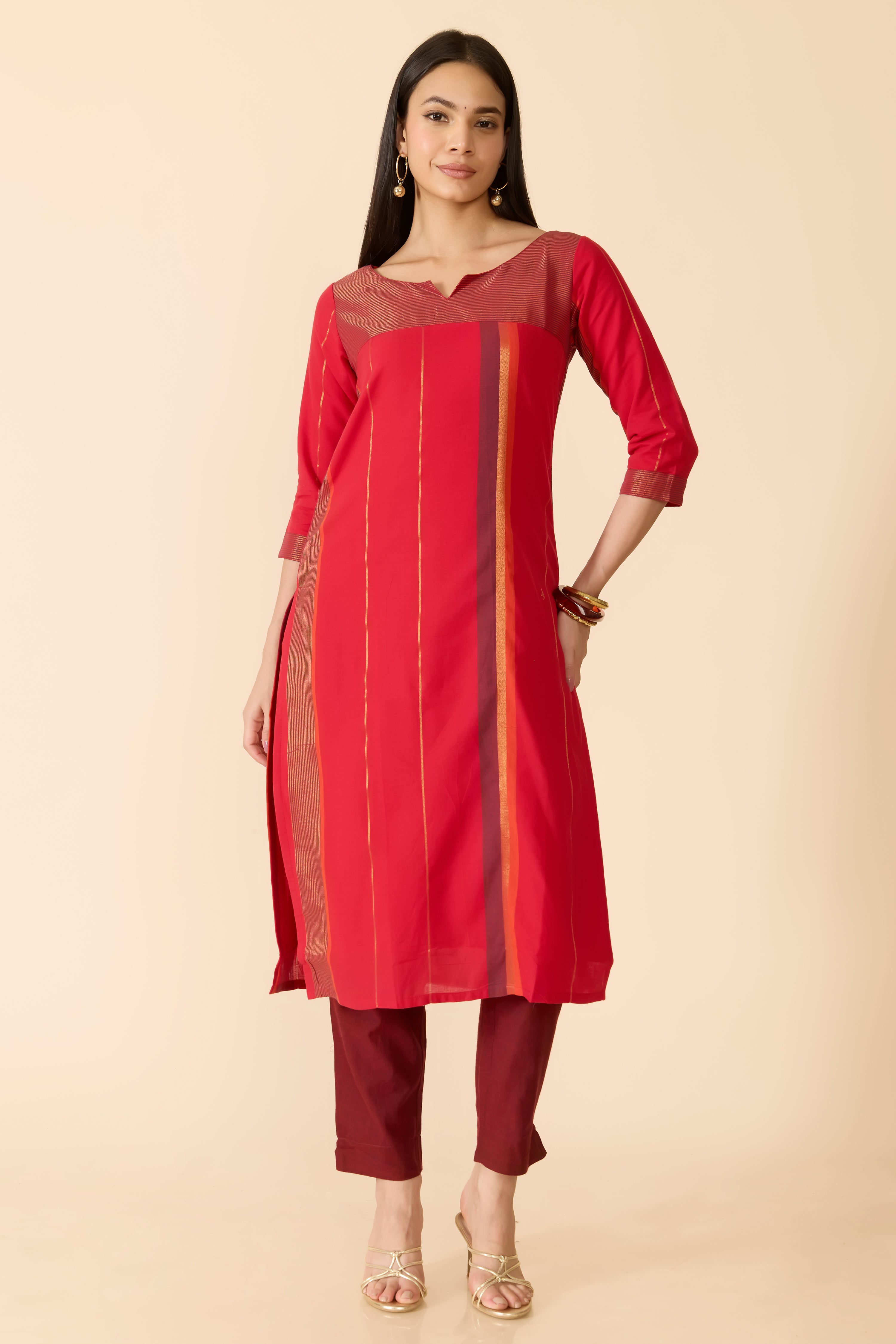 RED STRIPED STRAIGHT COTTON KURTA