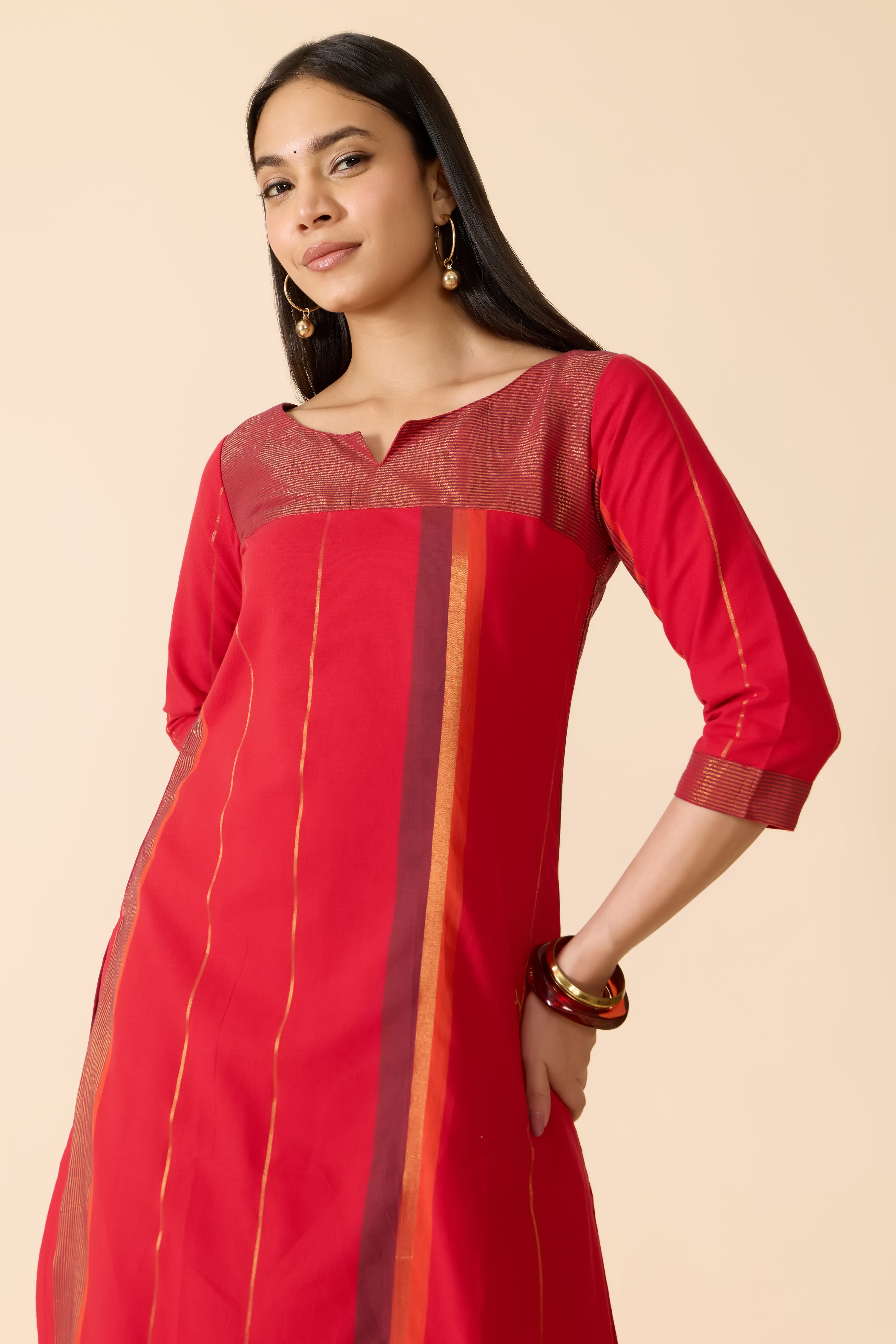 RED STRIPED STRAIGHT COTTON KURTA