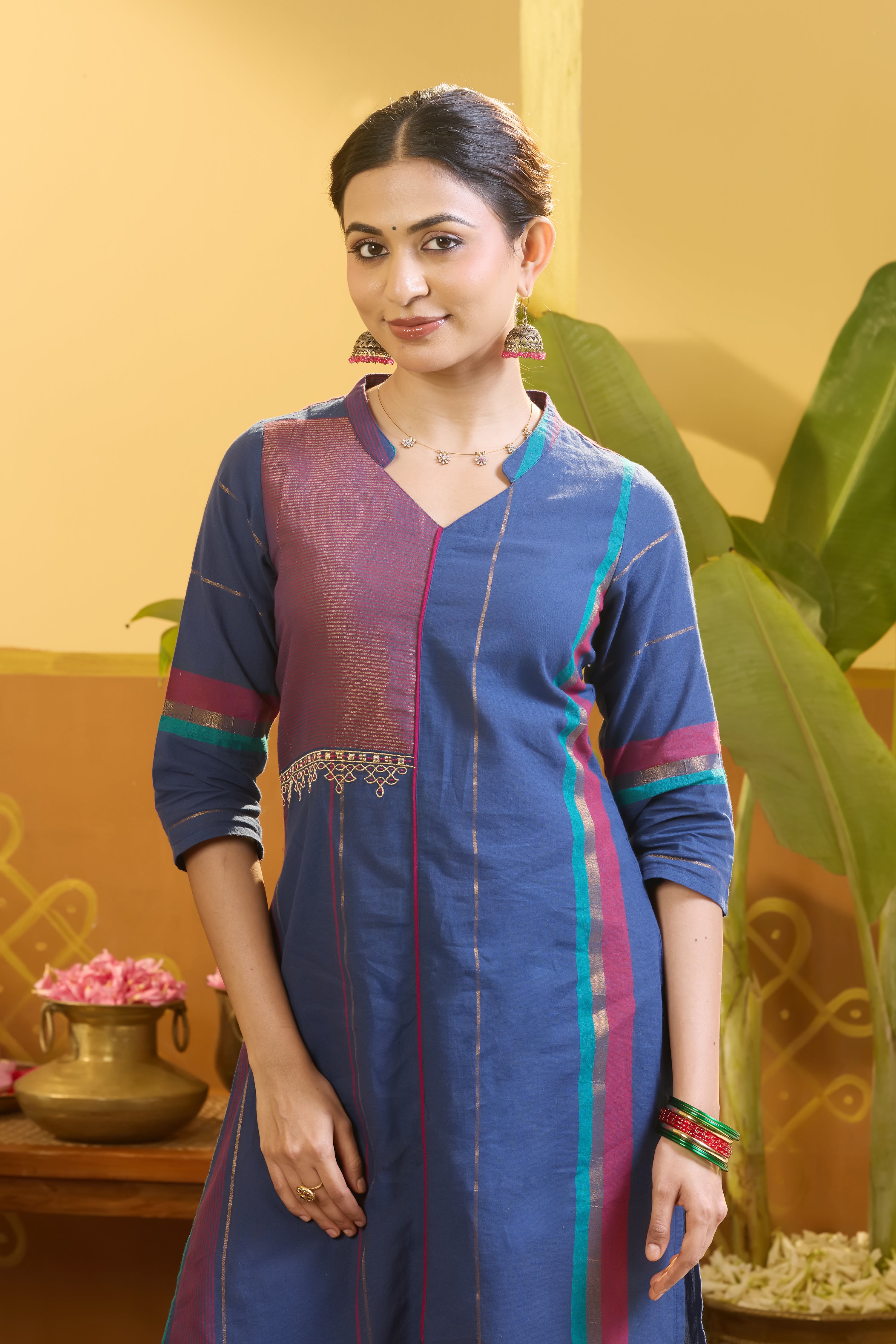 Striped Blue Cotton Kurta With Kolam Placement Embroidery