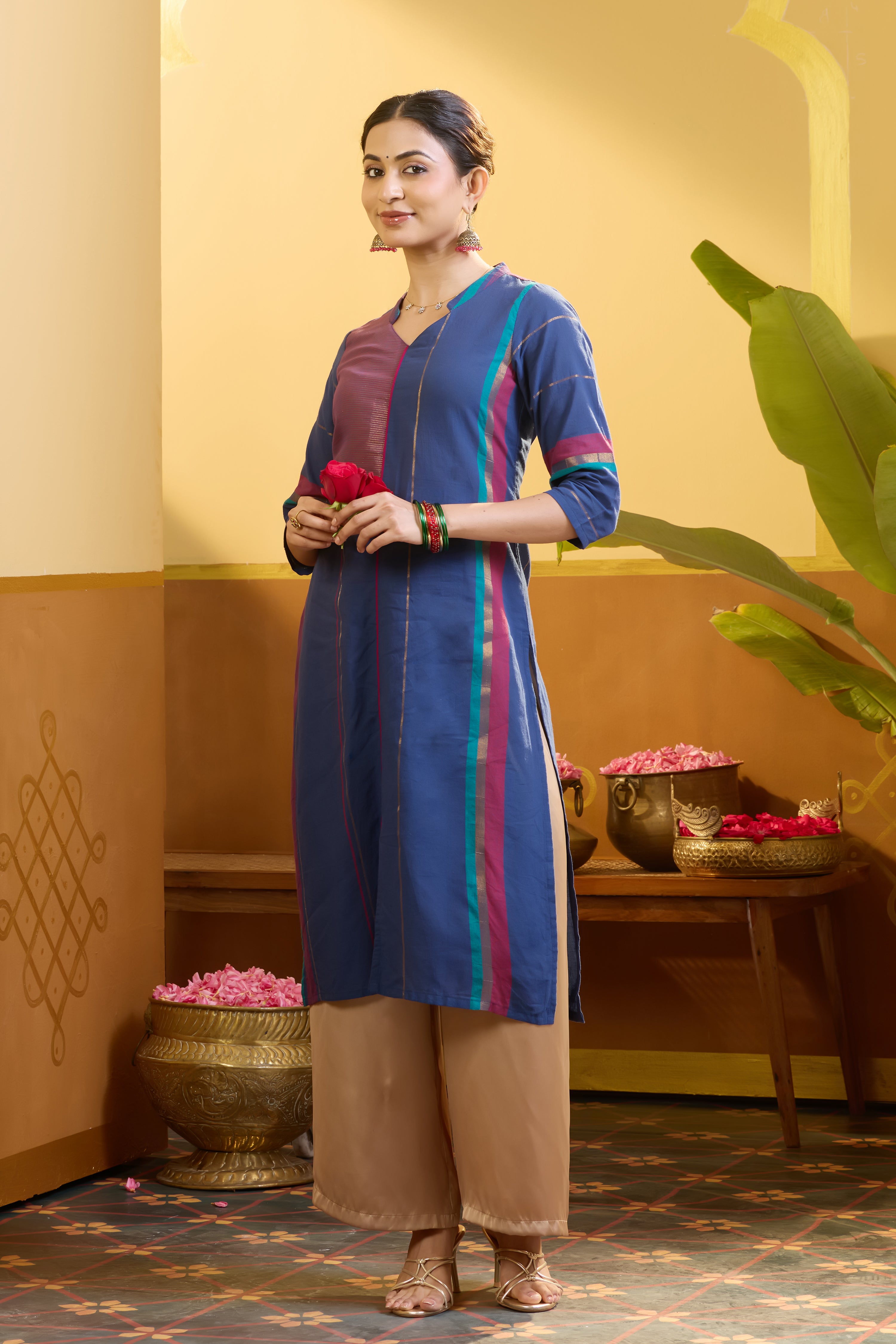 Striped Blue Cotton Kurta With Kolam Placement Embroidery
