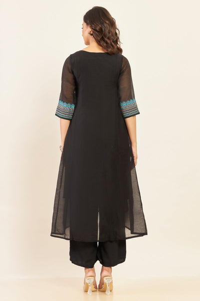 Peacock Feather Placement With Zari & Contrast embroidery - Black