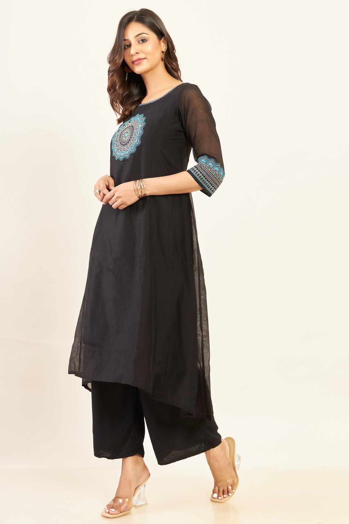 Peacock Feather Placement With Zari & Contrast embroidery - Black