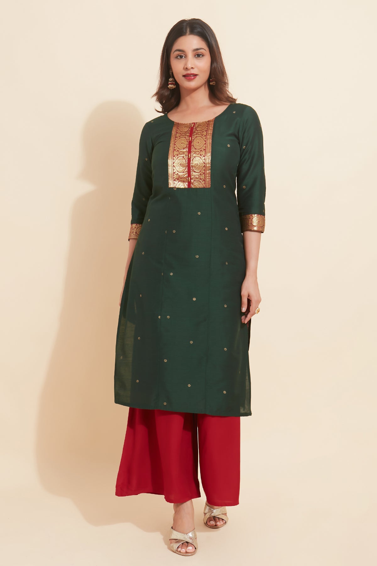 All Over Floral Printed Zari Patchwork Kurta - Green