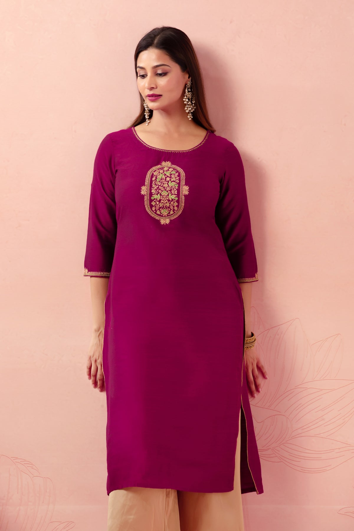 Magenta Parrots and Floral Embroidery Straight Festive Kurta