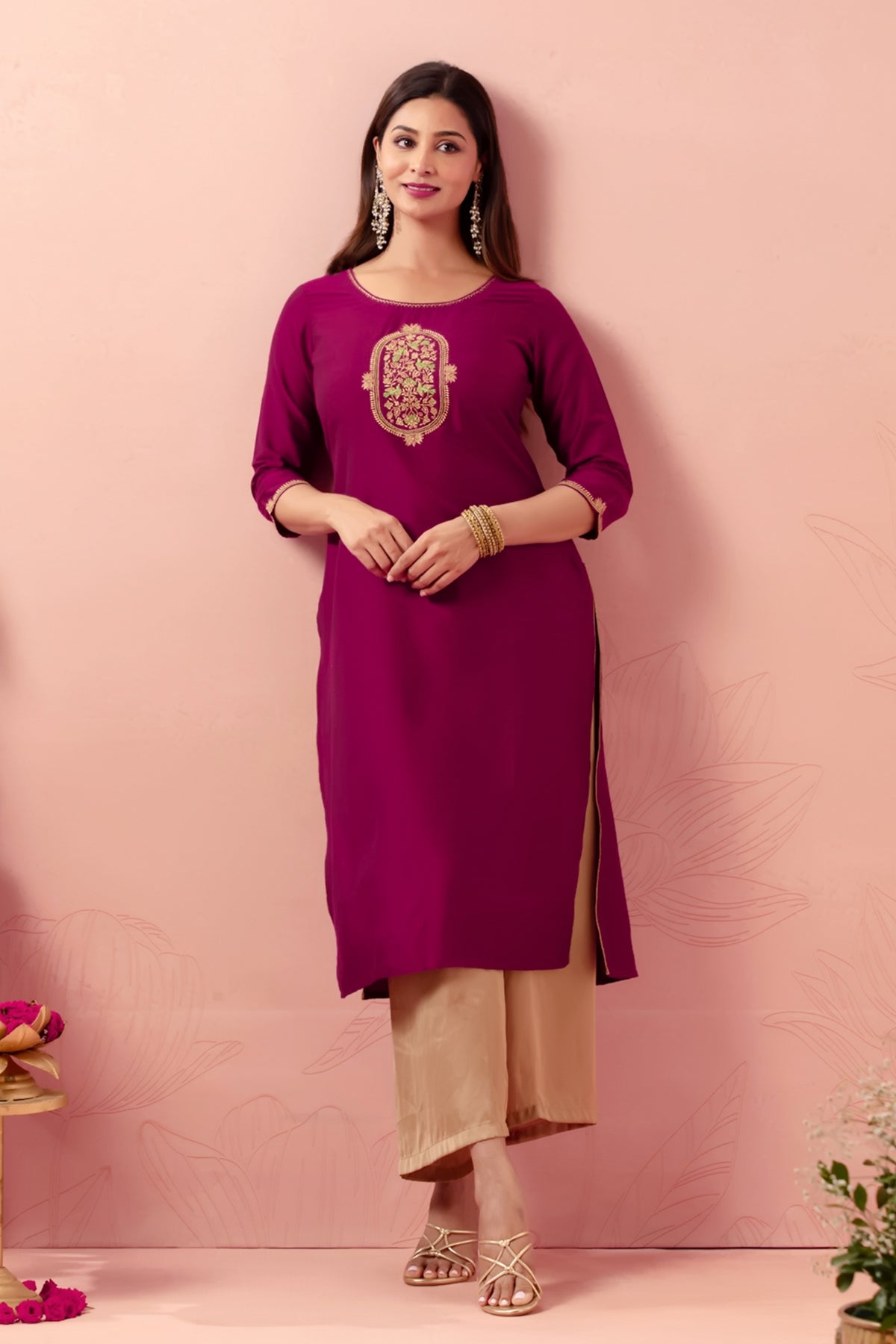 Magenta Parrots and Floral Embroidery Straight Festive Kurta