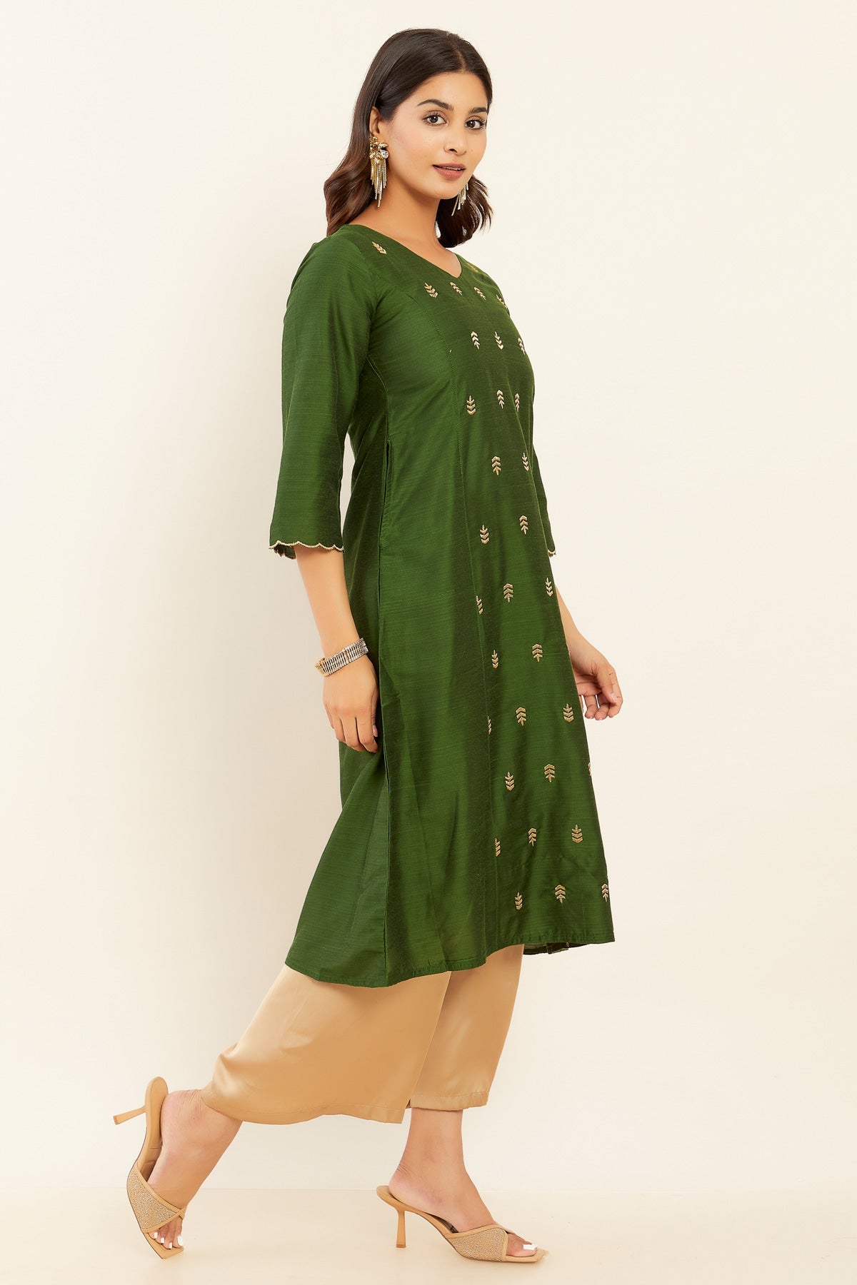 Embroidered Chanderi Cotton Pakistani Suit in Dusty Green : KHF100