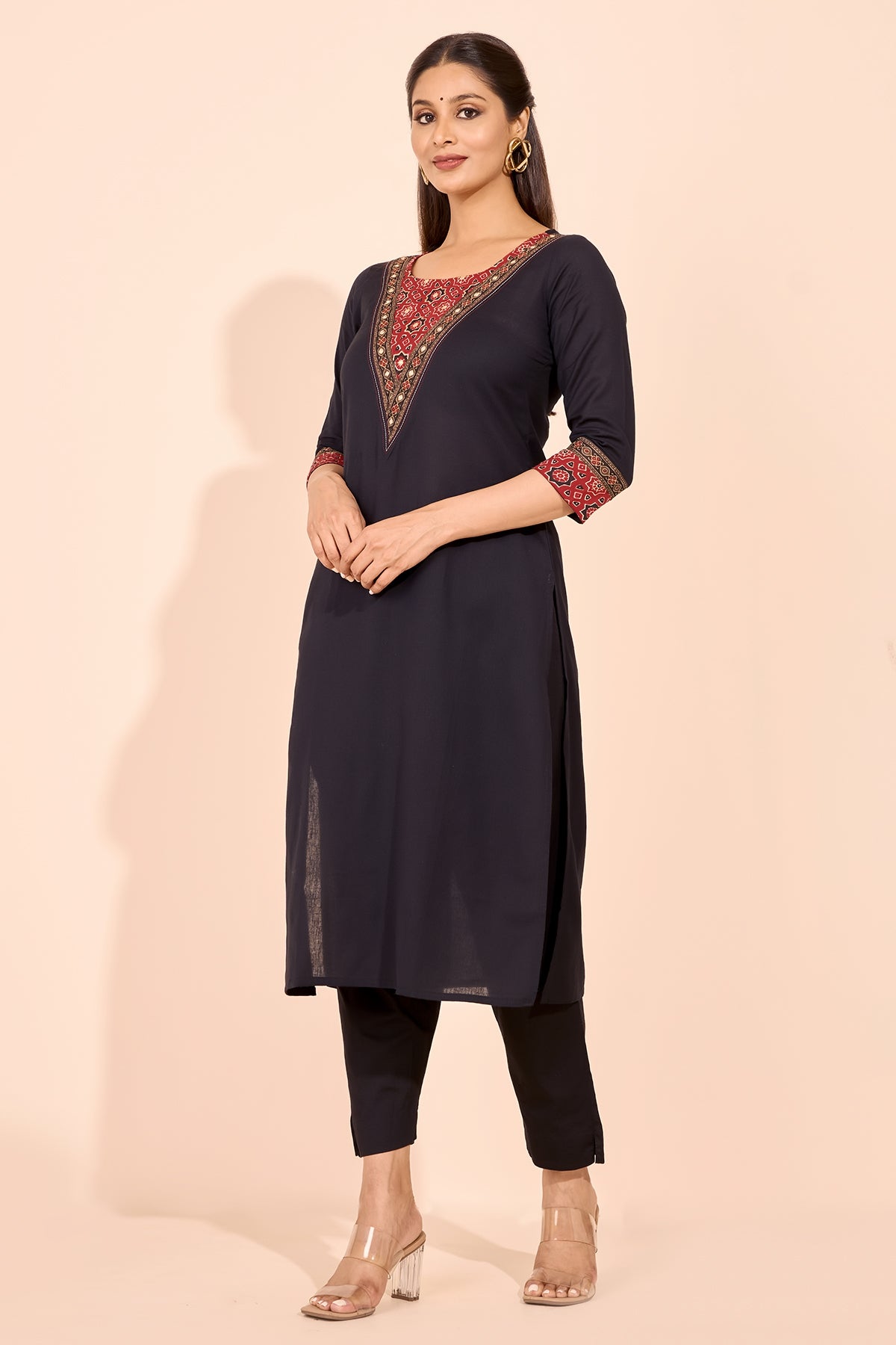 Ajrakh Printed Yoke Patchwork Kurta - Black