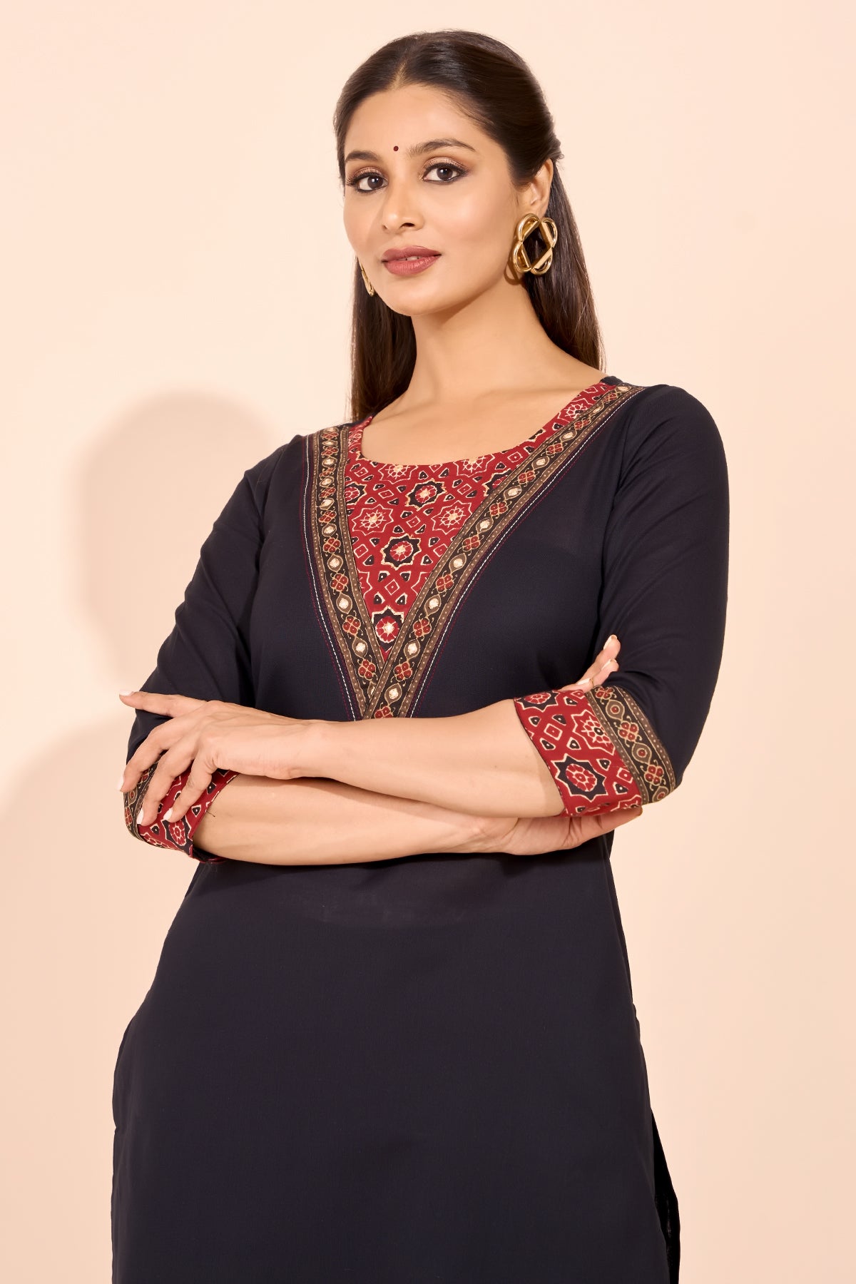 Ajrakh Printed Yoke Patchwork Kurta - Black