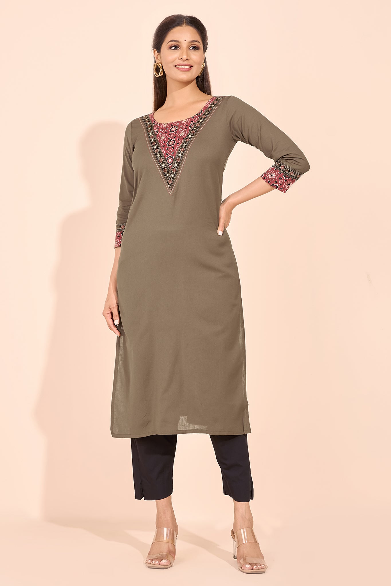 Ajrakh Printed Yoke Patchwork Kurta - Brown