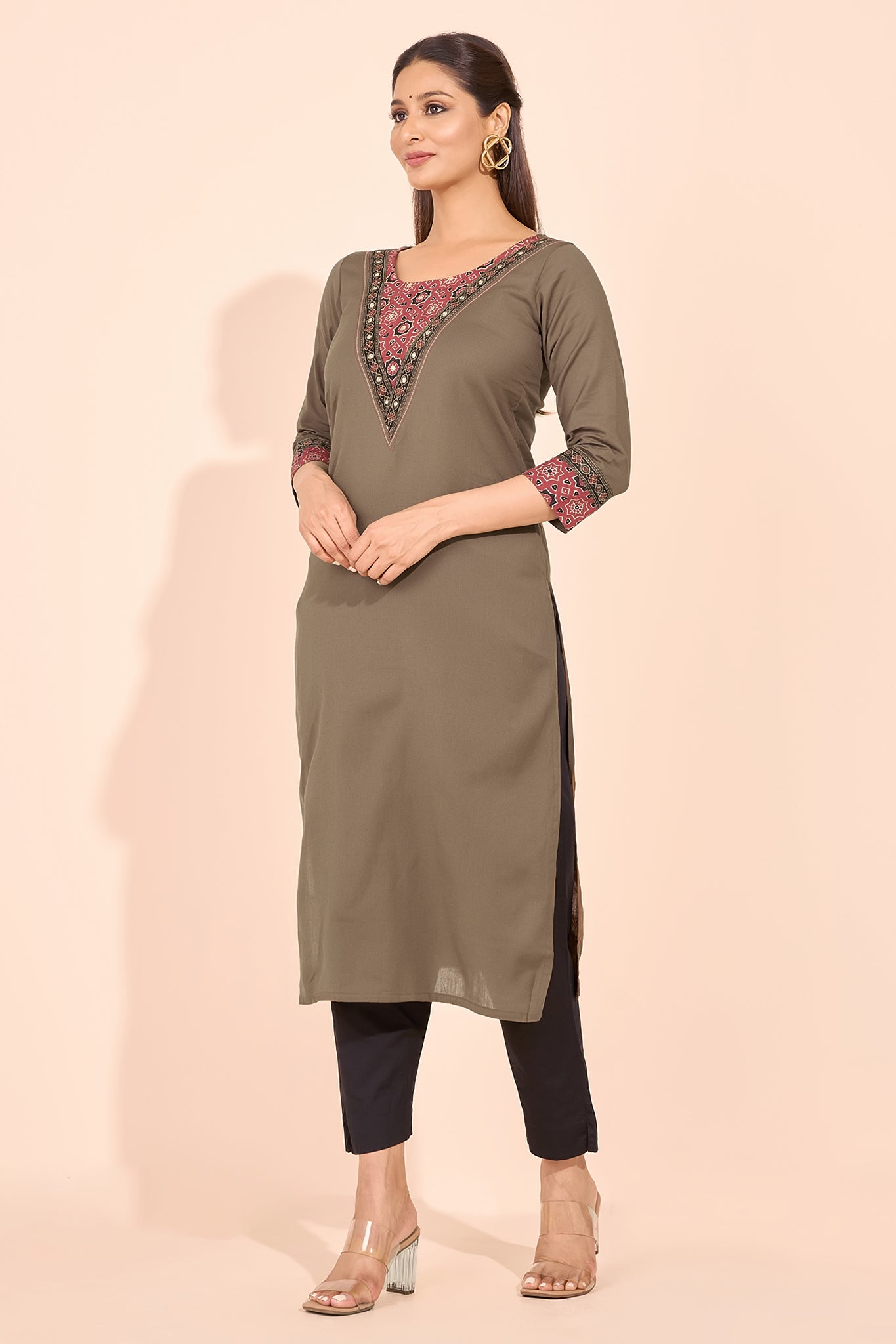 Ajrakh Printed Yoke Patchwork Kurta - Brown