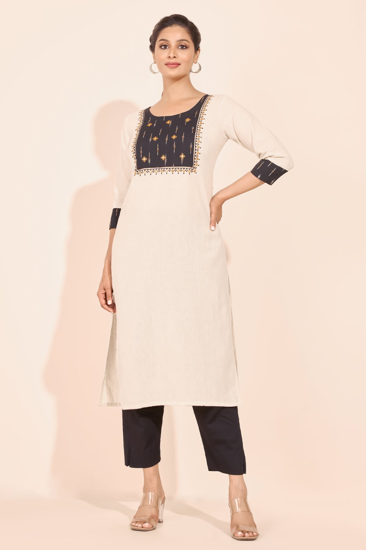 Ikkat Patchwork Kurta with Foil Mirror Embellishment - Black & Off-White