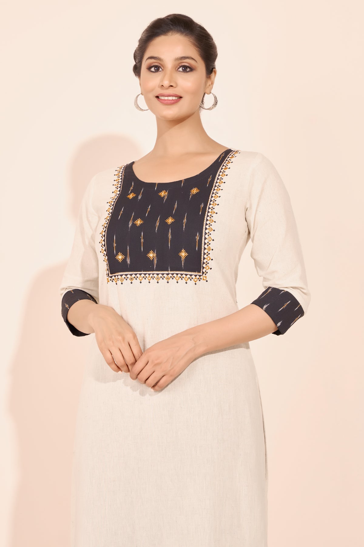 Ikkat Patchwork Kurta with Foil Mirror Embellishment - Black & Off-White