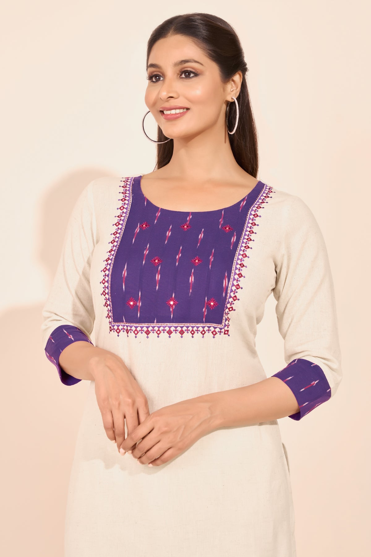 Ikkat Patchwork Kurta with Foil Mirror Embellishment - Purple & Off-White