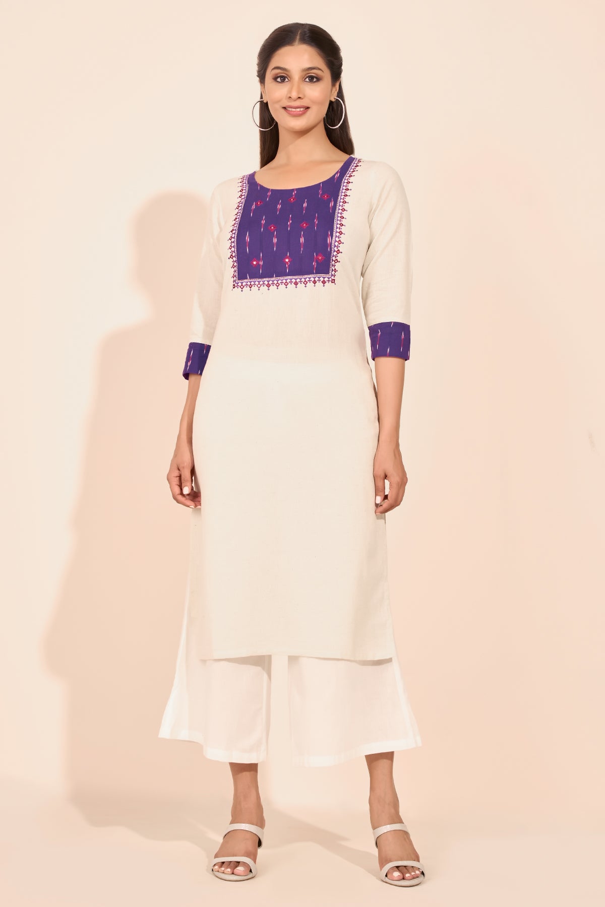 Ikkat Patchwork Kurta with Foil Mirror Embellishment - Purple & Off-White