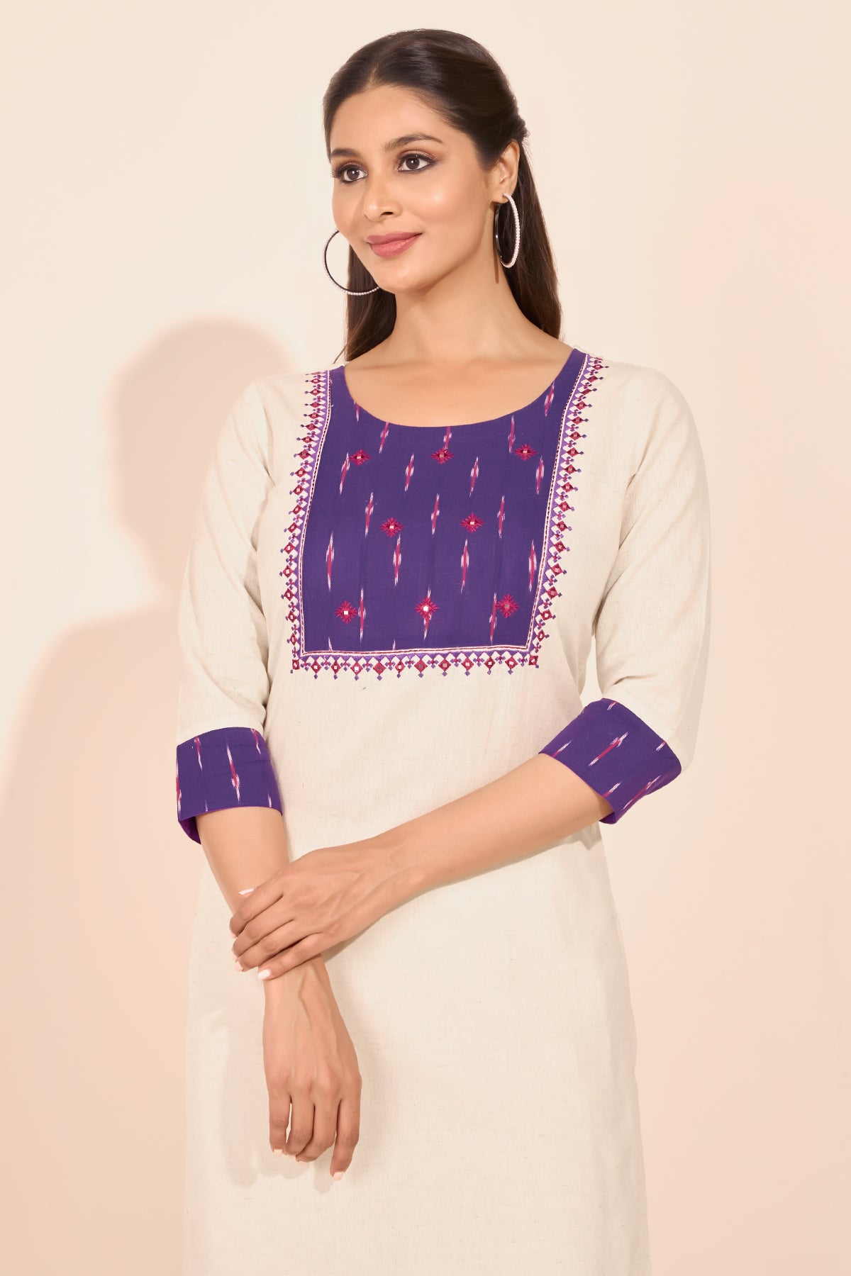 Ikkat Patchwork Kurta with Foil Mirror Embellishment - Purple & Off-White