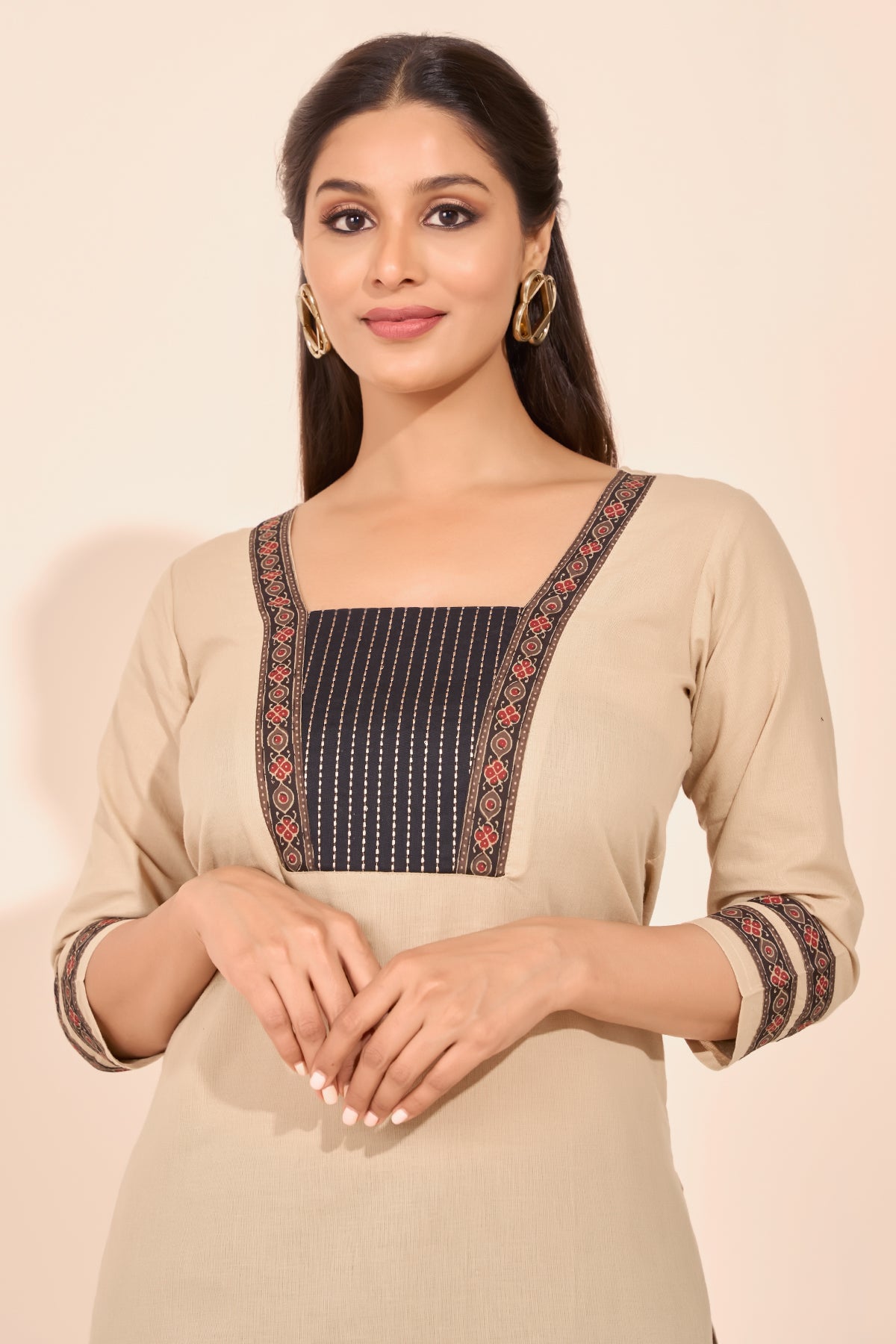 Ajrakh Printed Embroidered Kurta - Beige