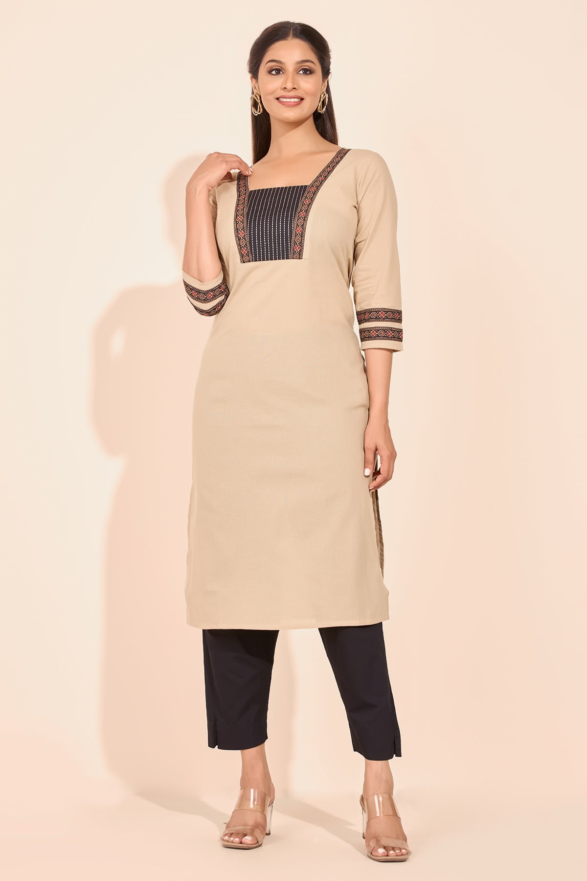 Ajrakh Printed Embroidered Kurta - Beige