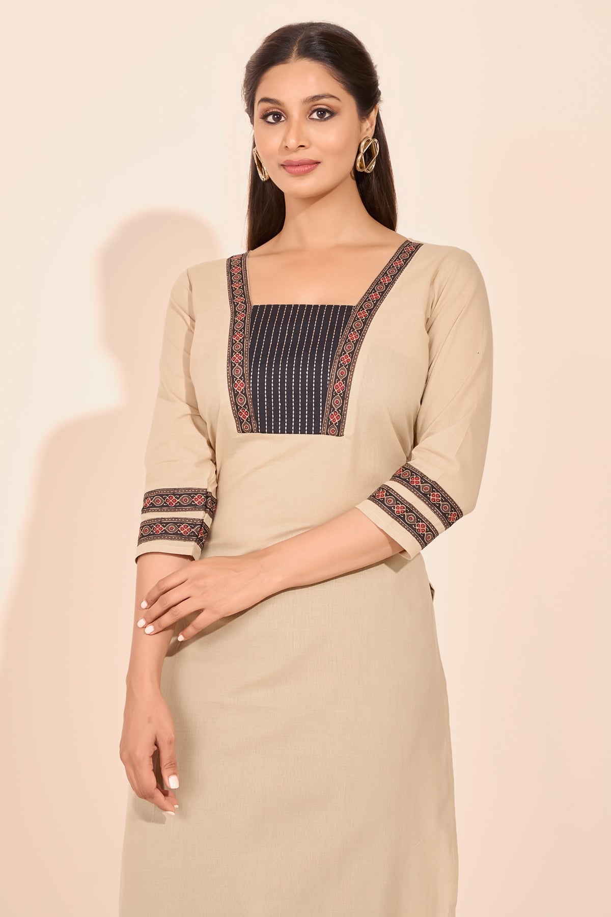 Ajrakh Printed Embroidered Kurta - Beige