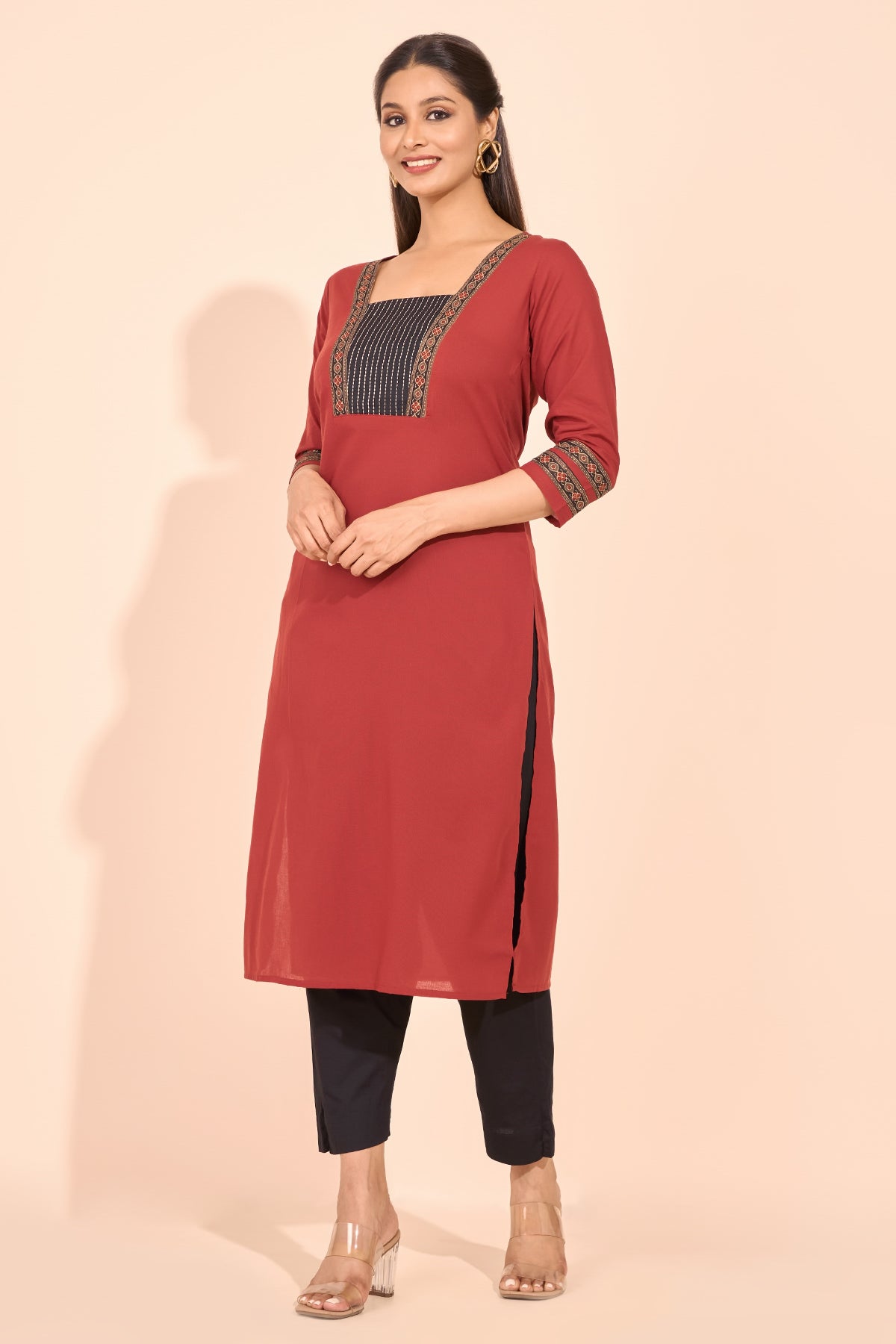 Ajrakh Printed Embroidered Kurta - Rust