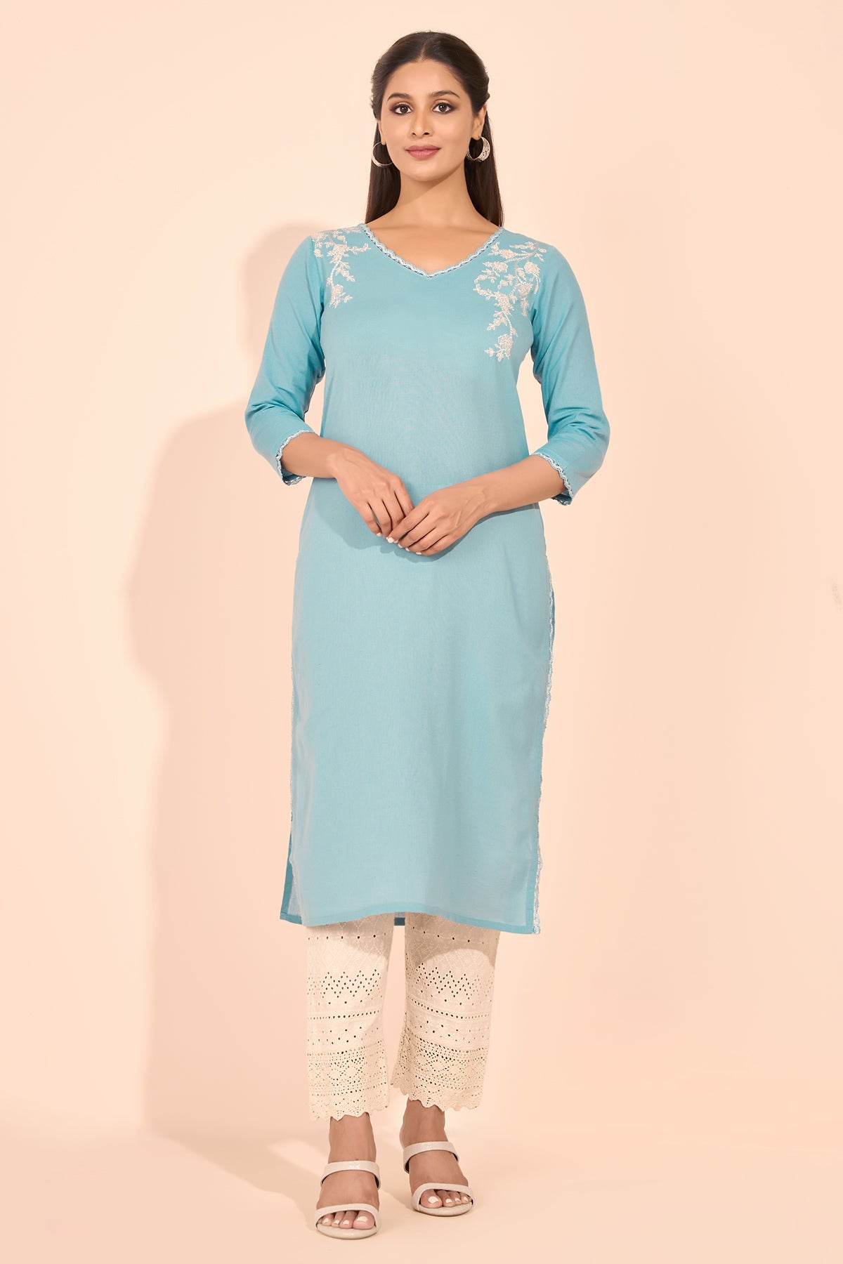 Floral Embroidered Lace Embellished Kurta - Blue